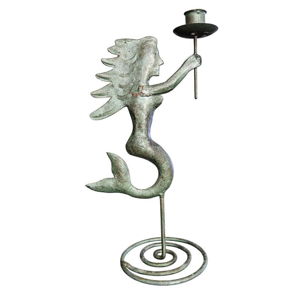 Mermaid Candle Holder Metal Verdigris Patina Nautical Coastal Spiral Base